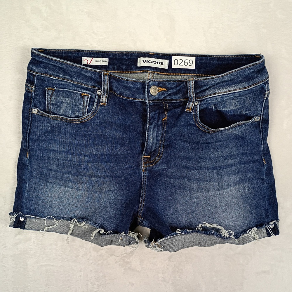 Vigoss Marley Denim Shorts Womens 29 Blue Raw Hem Frayed Dark Wash Casual Summer